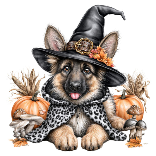 halloween dog, witch hat, german shepherd, autumn, fall, pumpkin, corn stalks, mushrooms, leopard print, animal, whimsical, festive, orange, black, tan, cream, seasonal, holiday, cute, playful, nature, harvest, rustic, cottage core, decorative, pet lover, spooky, costume, patterned cloak, flowers