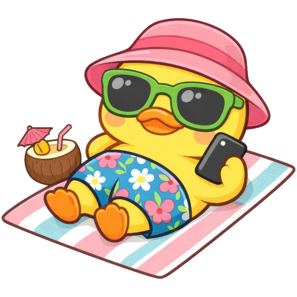 yellow duck, beach theme, summer, tropical, vacation, sunglasses, pink hat, coconut drink, umbrella drink, floral swimsuit, flowers, bright colors, cheerful, whimsical, fun, playful, cartoon, cute animals, children's, kids, beach bag, mobile phone, relaxation, leisure, striped beach towel, lime green, coral orange, sky blue, white flowers, colorful florals
