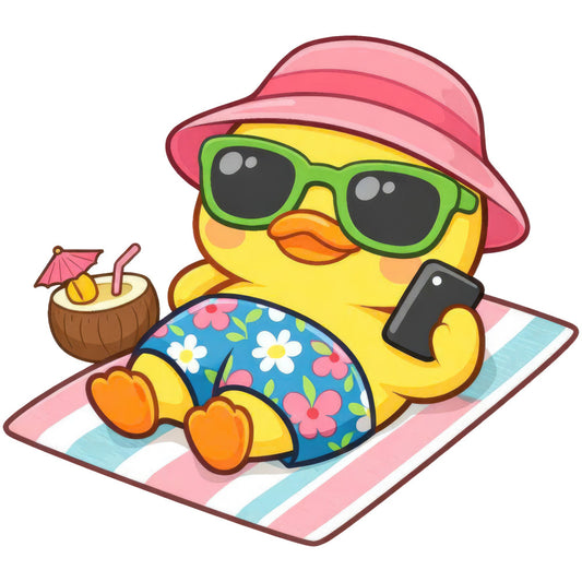 yellow duck, beach theme, summer, tropical, vacation, sunglasses, pink hat, coconut drink, umbrella drink, floral swimsuit, flowers, bright colors, cheerful, whimsical, fun, playful, cartoon, cute animals, children's, kids, beach bag, mobile phone, relaxation, leisure, striped beach towel, lime green, coral orange, sky blue, white flowers, colorful florals