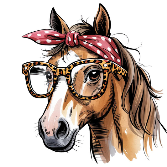 horse, equestrian, brown, chestnut, leopard print glasses, red bandana, white polka dots, portrait, farm animal, western style, fabric panel, quilting cotton, cartoon illustration, whimsical, country theme, animal face, mane, stylish horse, fashionable, rustic charm