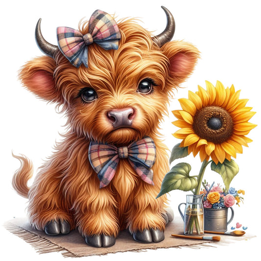 Rustic Sunflower Highland Cows Fabric Panel 10