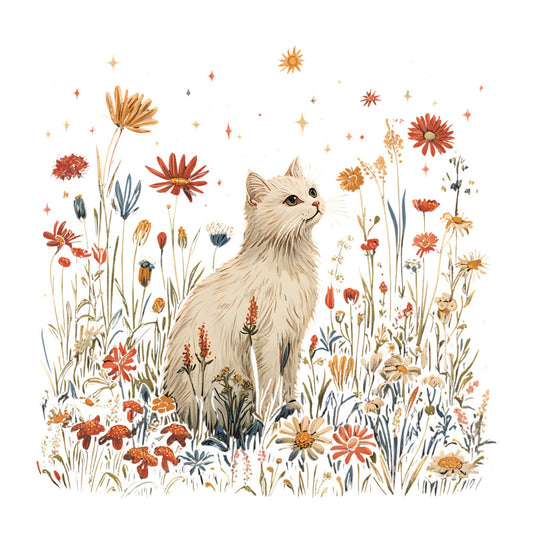 cat, fluffy cat, cream cat, wildflowers, floral, botanical, nature, animals, whimsical, rust, coral, gold, tan, cream, navy blue, stars, sparkles, celestial, spring, summer, garden, meadow, cottage core, bohemian, rustic, gentle, soft, children's, illustrative, botanical illustration
