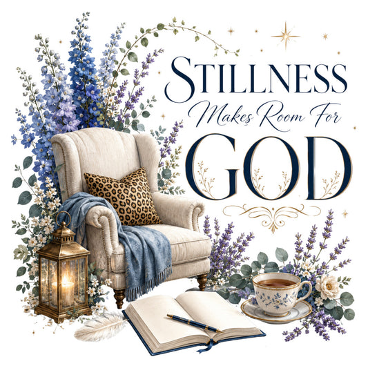 stillness makes room for god, inspirational quote, navy blue, cream, lavender purple, gold accents, floral, botanical, flowers, lavender sprigs, delphiniums, greenery, eucalyptus, celestial, stars, elegant, spiritual, faith-based, motivational, armchair, cozy retreat, meditation, peaceful, tranquil, vintage, traditional, religious, uplifting message, tea cup, journal