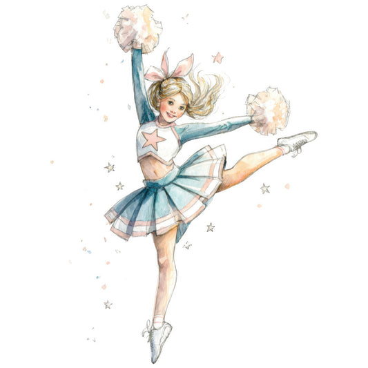 cheerleader, pastel pink, dusty blue, cream, ivory, teal, stars, girl, vintage, whimsical, retro, nostalgia, 1950s, dance, pom poms, bow, ribbon, cute, playful, feminine, children's, kids, nursery, ballet shoes, performance, theatrical, dreamy, magical, sparkle, cotton