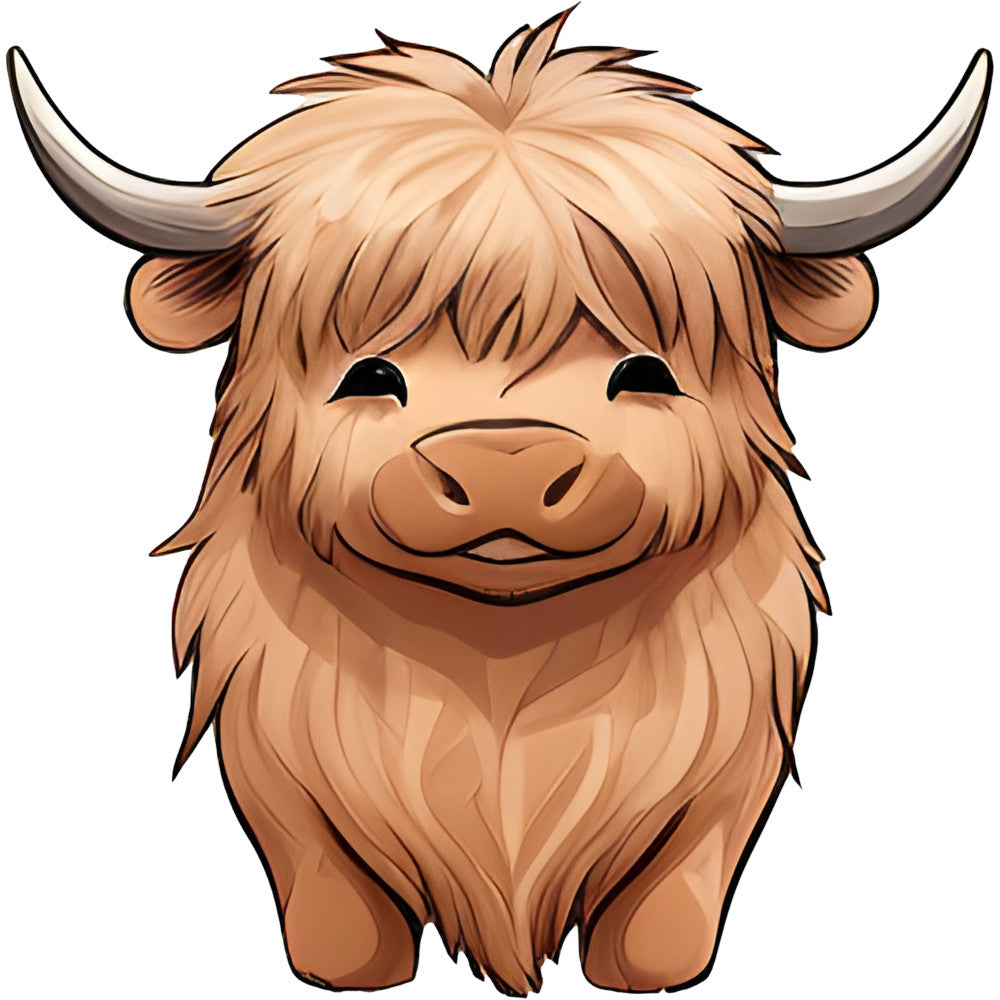highland cattle, cute cow, brown cow, tan brown, cream colored, beige, rust brown, animal face, farm animal, farmhouse style, whimsical, charming, highland bull, long horns, shaggy hair, friendly face, rustic, country style, pastoral, livestock, cattle breed, adorable, children's fabric, baby quilt, wall hanging, decorative panel, folk art style, chunky knit texture, fuzzy animal, sweet expression