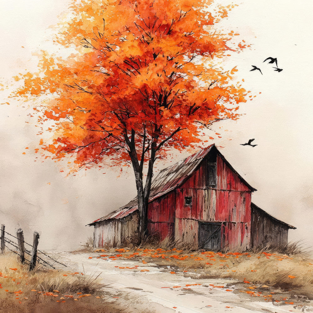 autumn, fall, harvest, rustic, farmhouse, countryside, barn, red barn, orange leaves, golden orange, burnt orange, rust red, cream, beige, tan, birds, flying birds, tree, maple tree, nature scene, pastoral, vintage, nostalgic, watercolor, artistic, landscape, seasonal, fall foliage, cottage, rural