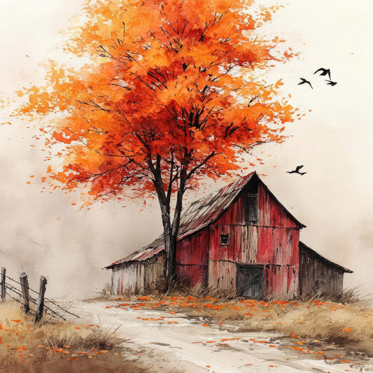 autumn, fall, harvest, rustic, farmhouse, countryside, barn, red barn, orange leaves, golden orange, burnt orange, rust red, cream, beige, tan, birds, flying birds, tree, maple tree, nature scene, pastoral, vintage, nostalgic, watercolor, artistic, landscape, seasonal, fall foliage, cottage, rural