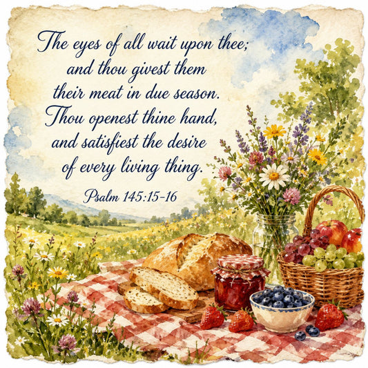 cream, blue, sage green, dusty rose, golden yellow, purple, wildflower, floral, scripture, religious, inspirational, nature, farmhouse, vintage, pastoral, picnic, rustic, traditional, elegant, spring, summer, bread, fruit, berries, flowers, landscape, countryside, peaceful, garden, botanical