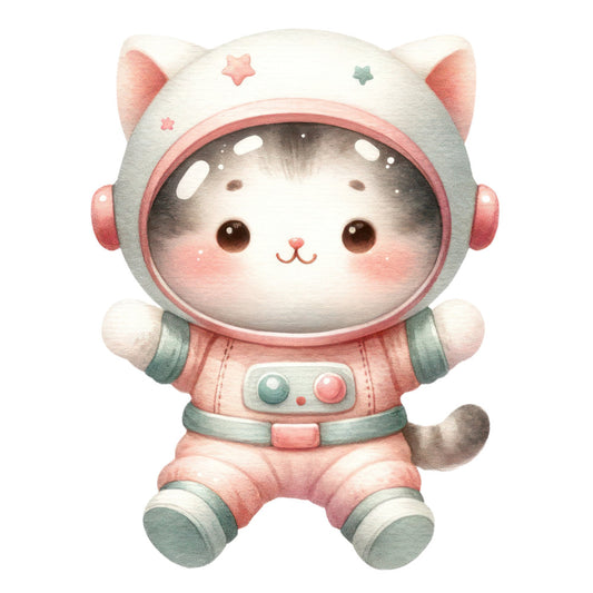 cat astronaut, space cat, cute animals, kawaii, pastel pink, soft sage green, cream white, dusty rose, whimsical, celestial, stars, space themed, baby quilt, nursery, children's fabric, playful, adorable, pet themed, cat lover, animal costume, spaceship, helmet, pink and green, soft colors, sweet, charming, illustration style, fantasy, quirky, girl's fabric