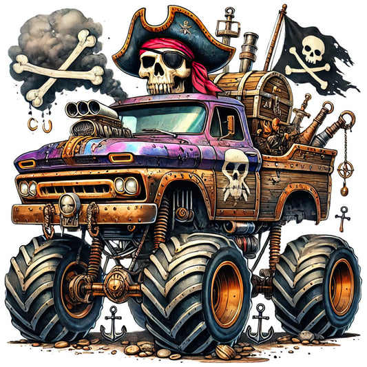pirate, skull and crossbones, monster truck, hot rod, steampunk, gothic, edgy, skulls, bones, anchors, flags, crossbones, purple, orange, gold, bronze, black, cream, dark teal, metallic accents, vehicles, automotive, punk rock, rebellious, grunge, adventure, fantasy, whimsical dark, spooky, halloween