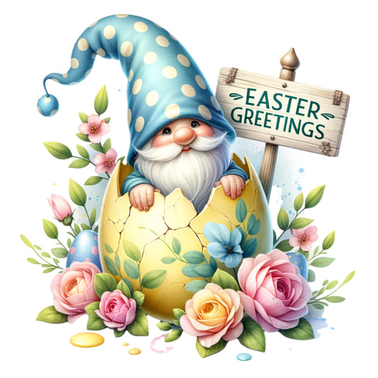 easter gnome, fabric panel, polka dot hat, blue and white, yellow egg shell, spring flowers, roses, pink flowers, watercolor style, whimsical character, white beard, easter greetings, wooden sign, floral arrangement, pastel colors, quilting cotton, seasonal design, garden gnome, cracked egg, spring theme