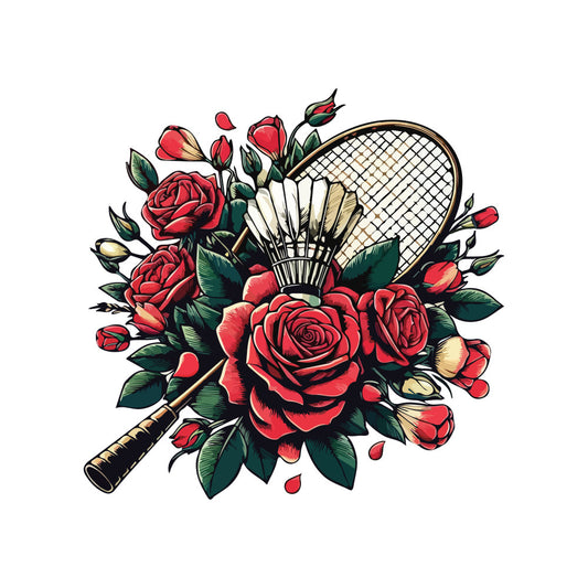 red roses, tennis racket, badminton, sports, floral, nature, romantic, elegant, vintage, garden flowers, deep red, crimson, forest green, cream, botanical, rose buds, petals, athletic, hobby, leisure, classic, traditional, feminine, ornamental, summer, spring, decorative panel, wall art, cushion cover, tote bag design