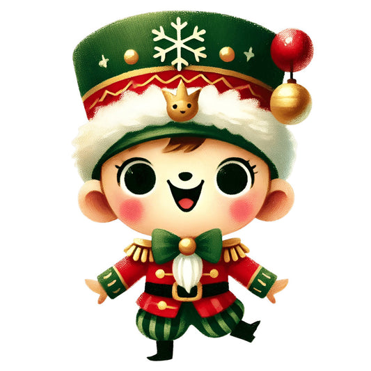 christmas, holiday, nutcracker, festive, elf, whimsical, cute, jolly, red, forest green, gold, cream, white, cheerful, children, winter, soldier, decorative, playful, merry, seasonal, yuletide, joyful, character design, novelty, child-friendly, festive character, traditional christmas, magical