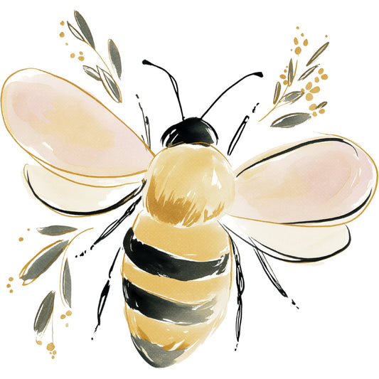 honey bee, bee, bumblebee, gold, cream, ivory, black, pale yellow, botanical, nature, insects, whimsical, modern, elegant, spring, summer, garden theme, wildflowers, leaves, floral accents, decorative, artistic, watercolor style, bee keeping, pollinator, natural elements, peaceful, gentle, cottage core, dreamy