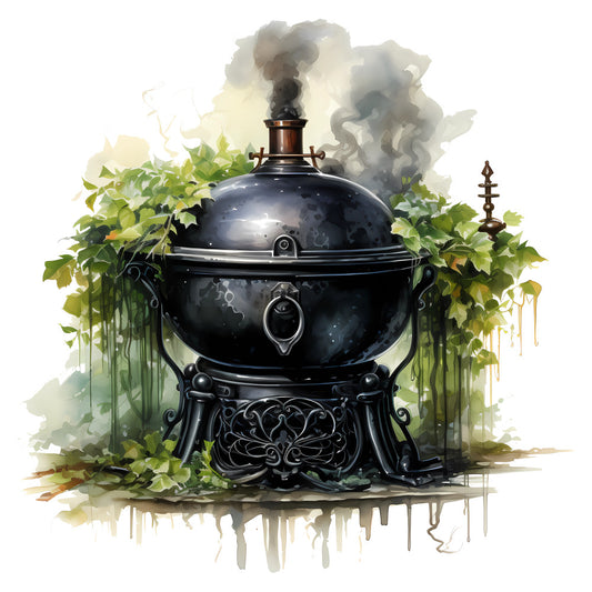 black cauldron, steampunk, gothic, vintage, nature, botanical, foliage, leaves, ivy, vines, whimsical, dark academia, fantasy, magical, ornate, decorative base, smoke wisps, green and black, charcoal gray, cream, earthy tones, dark fantasy, enchanted, mysterious, wall hanging, home decor, steampunk style, elegant gothic, nature-inspired, intricate details