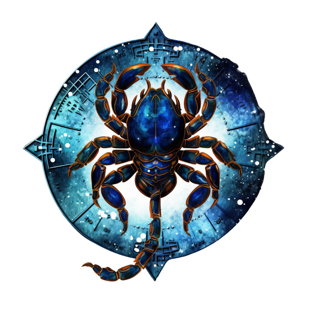 navy blue, deep blue, teal, turquoise, orange, gold, metallic, celestial, cosmic, zodiac, cancer, crab, crustacean, steampunk, mechanical, gears, tech, futuristic, space, galaxy, stars, constellation, mystical, whimsical, fantasy, modern, geometric, symmetrical, ornate, elegant