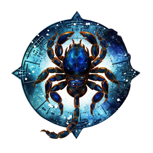 navy blue, deep blue, teal, turquoise, orange, gold, metallic, celestial, cosmic, zodiac, cancer, crab, crustacean, steampunk, mechanical, gears, tech, futuristic, space, galaxy, stars, constellation, mystical, whimsical, fantasy, modern, geometric, symmetrical, ornate, elegant