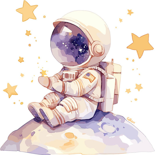 astronaut, space, celestial, stars, moon, galaxy, purple, lavender, cream, beige, tan, gold, yellow, whimsical, children's, kids, nursery, baby, cosmic, adventure, exploration, dreamy, illustration, character, sitting, cute, playful, modern, wall hanging, baby quilt