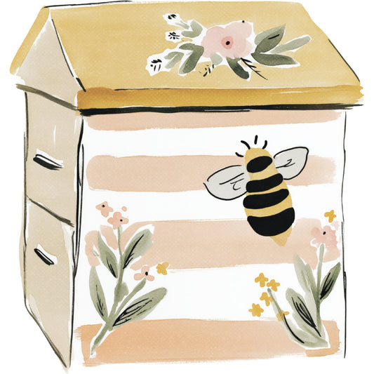 bee, honey bee, beehive, floral, botanical, nature, insects, flowers, pink flower, yellow flowers, sage green, cream, beige, tan, gold, soft colors, pastel, whimsical, modern, spring, summer, garden, wildflowers, leaves, foliage, striped, child-friendly, nursery, baby, playful
