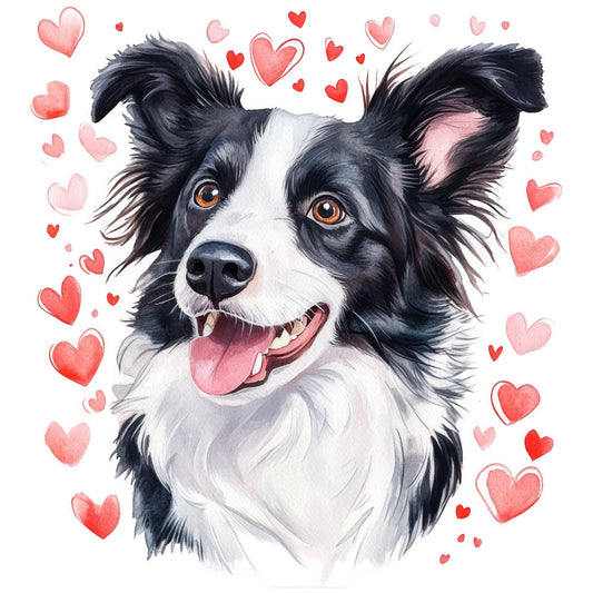 watercolor, border collie, dog portrait, black and white fur, pink hearts, red hearts, coral pink, amber eyes, tongue out, happy expression, fabric panel, quilting cotton, pet themed, love motif, romantic hearts, whimsical art, soft pastels, animal lovers, dog breed, scattered hearts