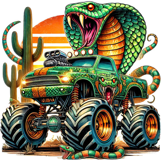 lime green, orange, turquoise, gold, coral, snake, serpent, cactus, southwest, desert, monster truck, hot rod, animal eyes, teeth, scales, scales pattern, reptile, fangs, fierce, bold, vibrant, whimsical, edgy, contemporary, automotive, nature-inspired, tropical, wild, statement fabric, novelty print