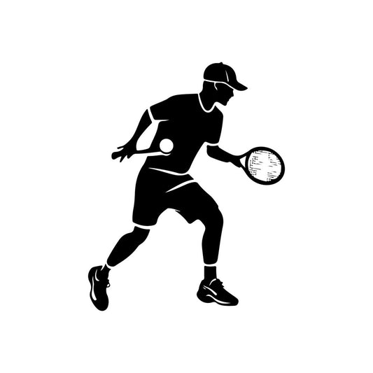 tennis player, sports, athletic, silhouette, black and white, monochrome, racket, ball, active wear, recreation, games, vintage sports, retro, graphic, line art, minimalist, modern, unisex, children's, boys, girls, apparel, fashion, lifestyle, hobby themed, black silhouette on white background