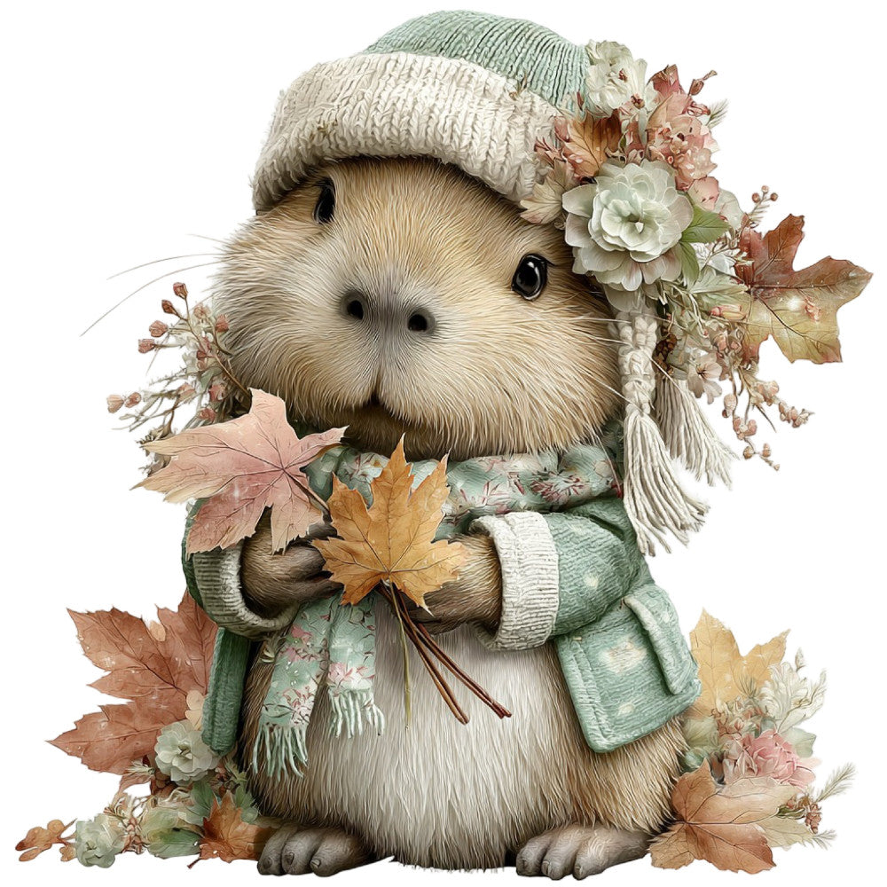 cute animals, woodland creatures, guinea pig, autumn leaves, fall colors, cream, sage green, dusty rose, burnt orange, golden yellow, floral, dried flowers, whimsical, cozy, rustic, farmhouse, nature-inspired, autumn aesthetic, fall fashion, seasonal, children's theme, sweet animals, forest green, taupe, vintage botanical, cottage core, autumn harvest, decorative panel, wall art, child's quilt