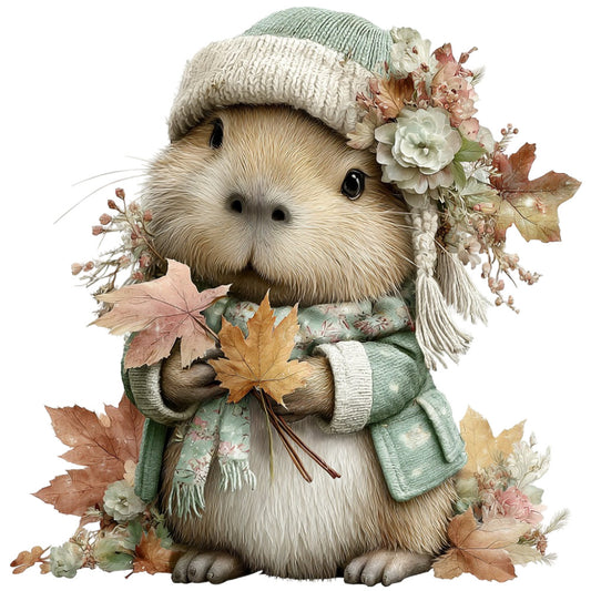 cute animals, woodland creatures, guinea pig, autumn leaves, fall colors, cream, sage green, dusty rose, burnt orange, golden yellow, floral, dried flowers, whimsical, cozy, rustic, farmhouse, nature-inspired, autumn aesthetic, fall fashion, seasonal, children's theme, sweet animals, forest green, taupe, vintage botanical, cottage core, autumn harvest, decorative panel, wall art, child's quilt
