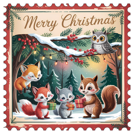 Vintage Christmas Stamps Fabric Panel 35 featuring cute woodland animals and festive holiday gifts in a snowy forest scene.
