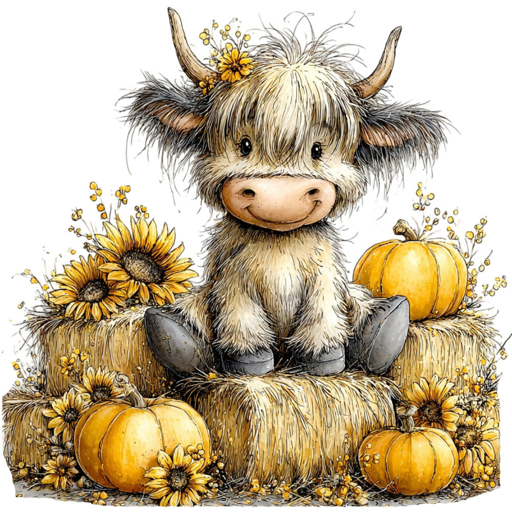highland cattle, cream, tan, brown, black, gold, yellow, sunflowers, pumpkins, autumn, fall, harvest, farmhouse, rustic, whimsical, cute animals, farm animals, cottagecore, country, livestock, haybales, straw, seasonal, autumn harvest, folk art, charming, cheerful, warm tones, nature scene, pastoral