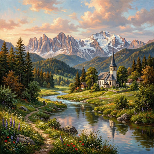 alpine landscape, mountain scenery, snow-capped peaks, church, pastoral, countryside, european village, meadow, wildflowers, river stream, evergreen trees, coniferous forest, autumn gold, cream, forest green, sage green, sky blue, golden hour, sunset, romantic, traditional, scenic, nature, rural, landscape panel, home decor, wall hanging, nature lover, peaceful, serene