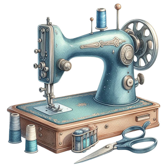 vintage sewing machine, teal blue, cream, bronze, antique, retro, sewing theme, crafting, needlework, scissors, thread spools, mechanical, steampunk, nostalgic, timeless, elegant, traditional, classic, craft room, sewing room, hobby, textile, copper accents, intricate details, decorative, instruction, heritage, timeless design, craftswoman