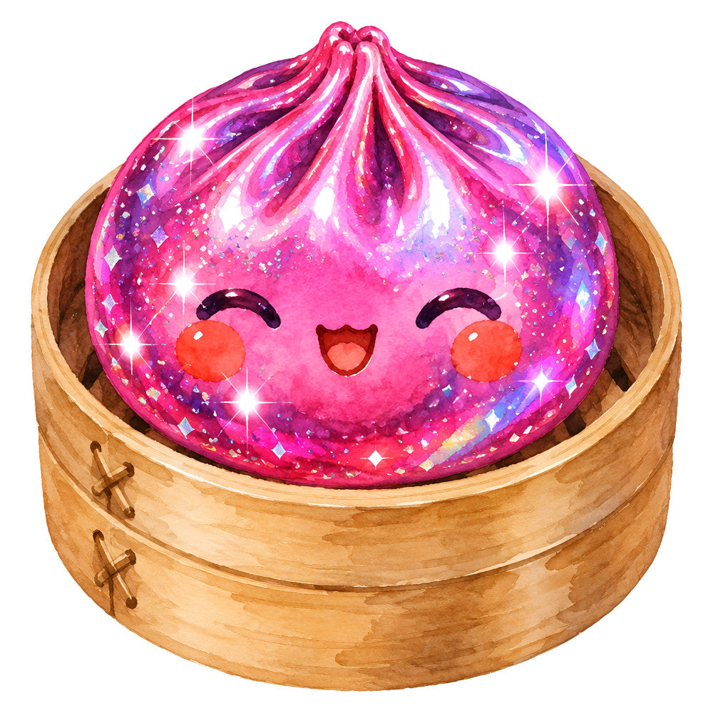 hot pink, magenta, purple, sparkle, glitter, shiny, cute face, happy expression, rosy cheeks, whimsical, playful, kawaii, character, food themed, dumpling, asian cuisine, dim sum, novelty, children's, kids, fun, colorful, metallic accents, dimensional, decorative, fabric art, character design, food characters