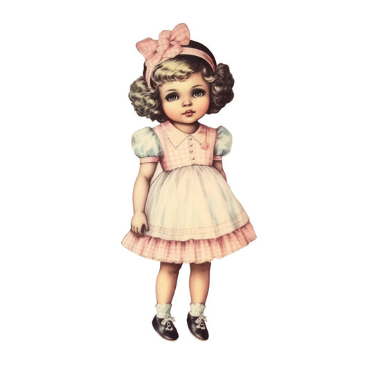 vintage doll, retro girl, puff sleeves, pink bow, cream, pale pink, dusty rose, soft pink, ivory, nostalgic, whimsical, classic children, doll face, 1940s style, 1950s style, retro fashion, vintage fashion, sweet, charming, girl portrait, child illustration, storybook, nursery, baby girl, vintage children's, heirloom, elegant, traditional, timeless, collectible doll