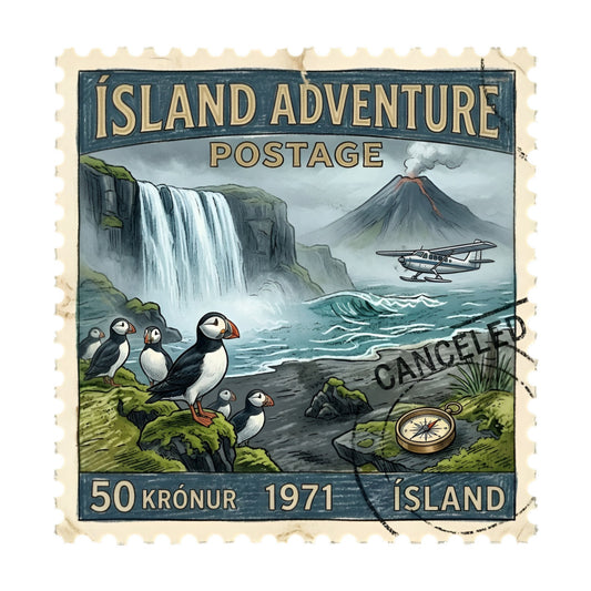 vintage postage stamp, island adventure, iceland, puffins, waterfall, volcanic mountain, seaplane, compass, nautical, nature, travel theme, adventure, retro, 1971, teal blue, cream, forest green, gray, vintage style, stamp design, birds, wildlife, landscape, exploratory, whimsical, rustic, traditional, heritage, collectible, geography