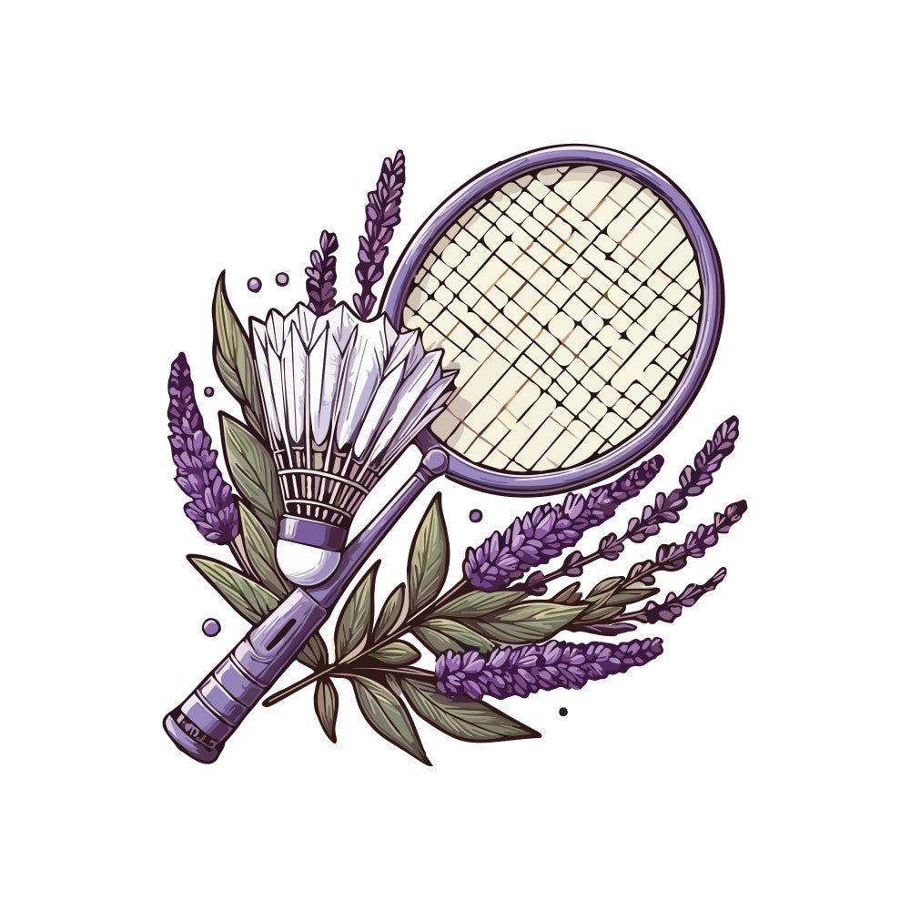 purple, lavender, cream, sage green, olive green, badminton, sports, nature, floral, botanical, lavender flowers, leaves, whimsical, elegant, vintage, cottage core, spring, summer, home decor, sports theme, athletic, racket, badminton racket, shuttlecock, garden, herbs, ornamental plants, decorative, artistic