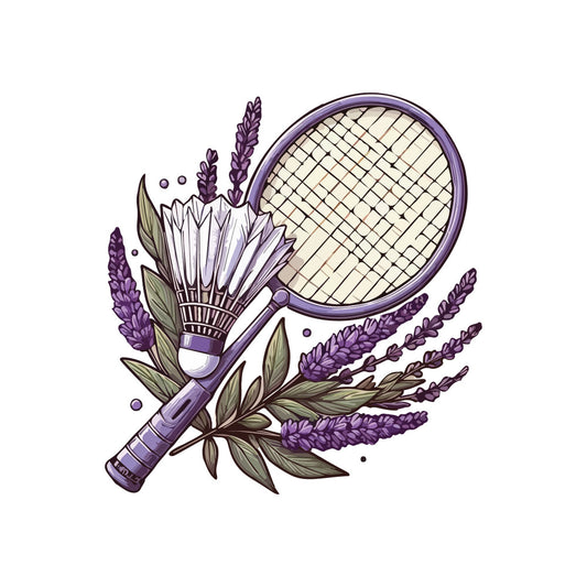 purple, lavender, cream, sage green, olive green, badminton, sports, nature, floral, botanical, lavender flowers, leaves, whimsical, elegant, vintage, cottage core, spring, summer, home decor, sports theme, athletic, racket, badminton racket, shuttlecock, garden, herbs, ornamental plants, decorative, artistic