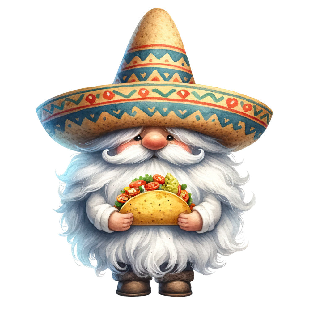 mexican gnome, sombrero, taco, white beard, mustache, turquoise blue, coral red, golden yellow, geometric patterns, zigzag designs, festive character, whimsical illustration, fabric panel, quilting cotton, cheerful gnome, avocado green, triangular motifs, decorative borders, cartoon style, playful design