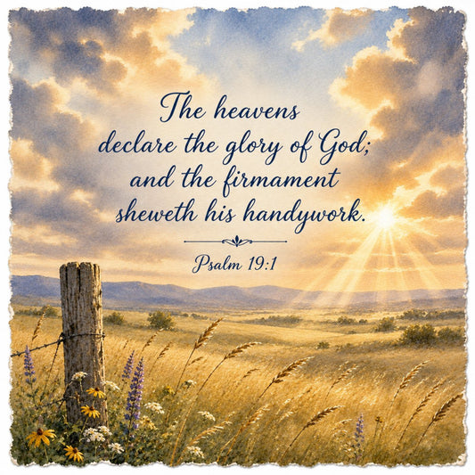 inspirational quote, psalm 19:1, religious, spiritual, faith, heavens declare glory of god, landscape, scenic vista, countryside, rolling hills, golden hour, sunrise, sunset, sky with clouds, sunburst rays, wildflowers, prairie flowers, wheat field, wooden fence post, rustic farmhouse, nature themed, peaceful, serene, warm earth tones, golden yellow, cream, soft blue, purple wildflowers, yellow daisies, pastoral