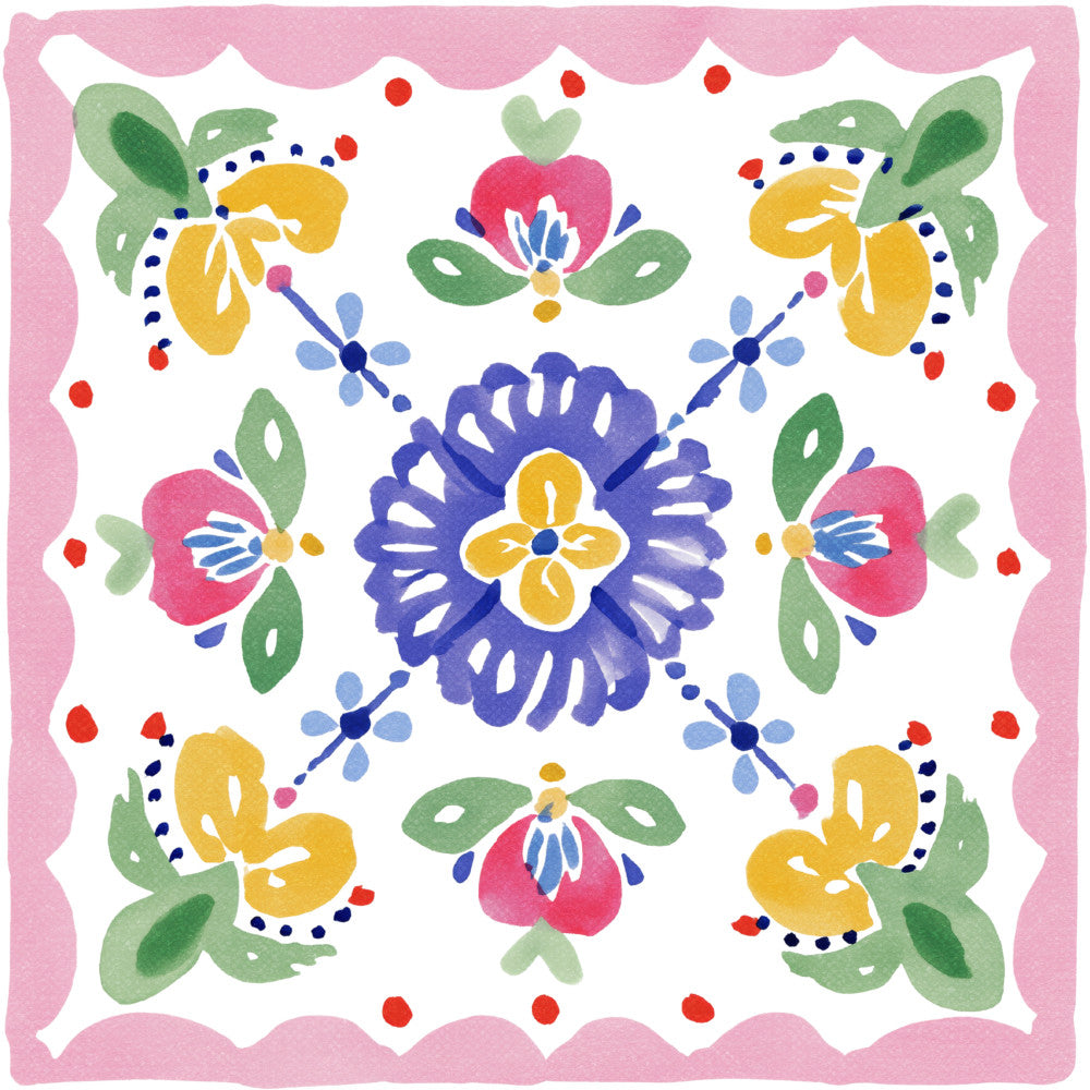 floral, botanical, folk art, whimsical, traditional, spring, summer, navy blue, golden yellow, hot pink, coral pink, sage green, light blue, colorful, symmetrical, nature, flowers, leaves, daisy, tulip, four-leaf clover, decorative border, scalloped edge, vintage inspired, cottage core, cheerful, bright, hand-painted style, wall hanging, quilt panel