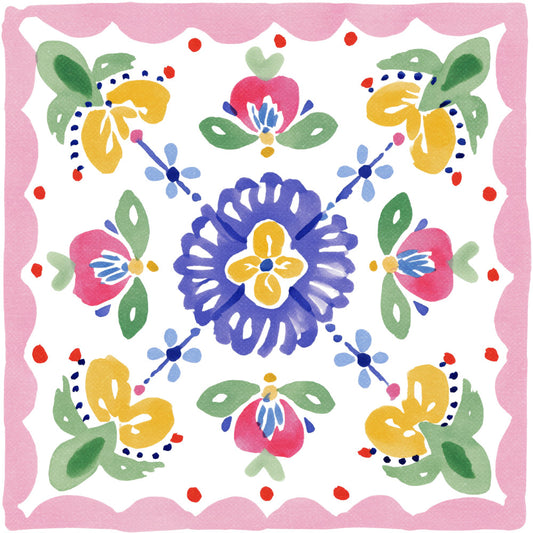 floral, botanical, folk art, whimsical, traditional, spring, summer, navy blue, golden yellow, hot pink, coral pink, sage green, light blue, colorful, symmetrical, nature, flowers, leaves, daisy, tulip, four-leaf clover, decorative border, scalloped edge, vintage inspired, cottage core, cheerful, bright, hand-painted style, wall hanging, quilt panel