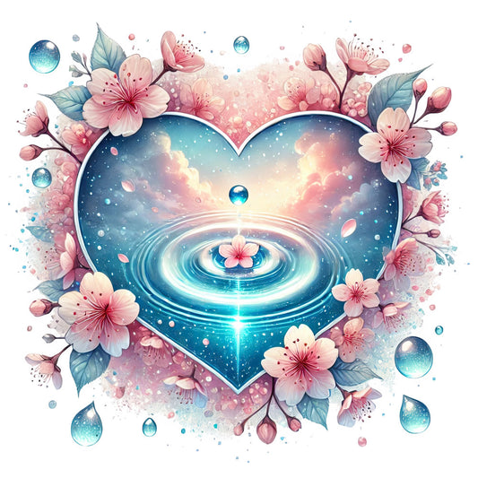 heart shape, pink flowers, celestial, water droplets, turquoise, blush pink, dusty rose, sky blue, aqua, floral, magical, whimsical, dreamy, pastel colors, nature, water ripples, bubbles, spring, romantic, elegant, fantasy, sparkly, luminous, botanical, cherry blossom, decorative panel, wall art, fantasy art, mystical, ethereal