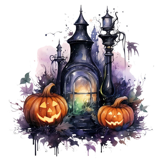 halloween, haunted house, pumpkins, jack-o-lantern, spooky, dark purple, navy blue, orange, black, autumn, fall, gothic, witchy, magical, whimsical, celestial, mystical, lantern, castle, towers, gourds, seasonal, horror, creepy, elegant spooky, enchanted, dark fantasy, wall hanging, home decor, trick-or-treat