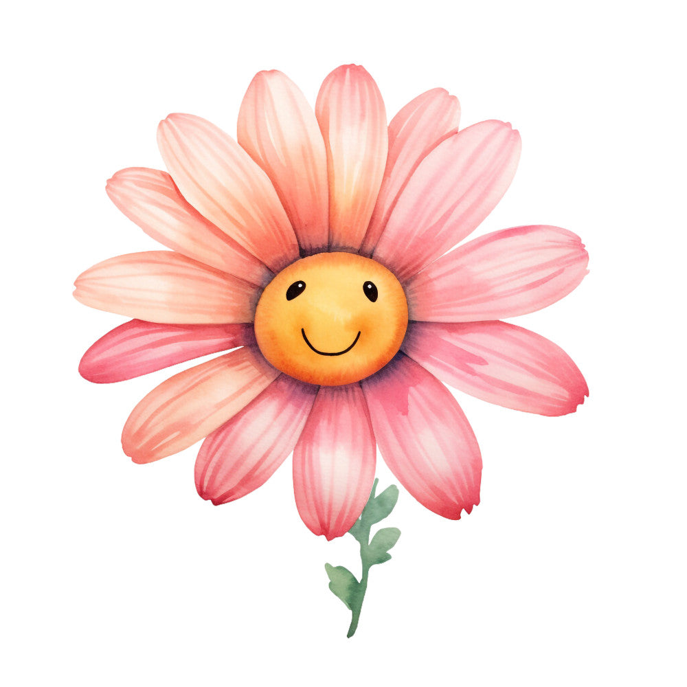 pink petals, coral flower, orange center, smiling face, happy expression, watercolor style, daisy design, green stem, cheerful mood, floral panel, whimsical art, soft colors, cute character, botanical print, spring theme, children's fabric, nursery decor, quilting cotton, fabric panel, friendly flower