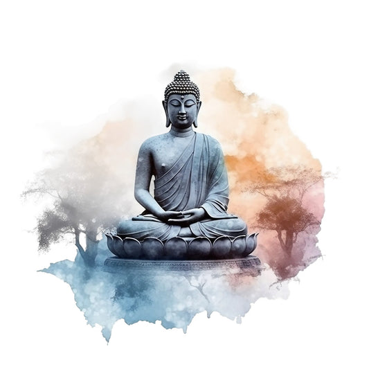 watercolor, buddha statue, meditation pose, lotus position, serene expression, blue tones, orange hues, pink shades, gray colors, watercolor splashes, spiritual design, peaceful mood, zen theme, fabric panel, quilting cotton, buddhist art, tranquil scene, lotus base, flowing robes, artistic brushstrokes