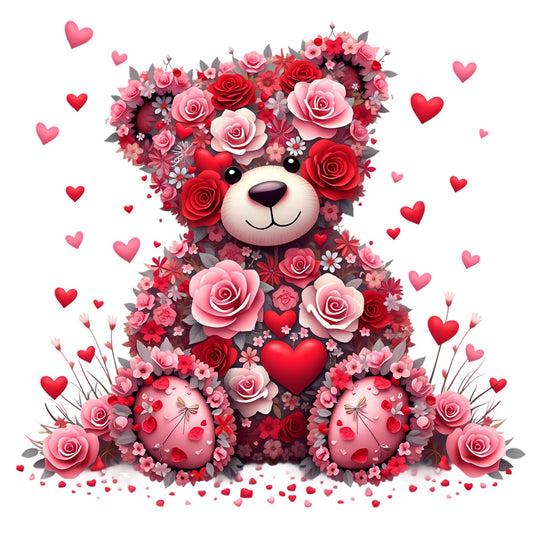 Valentine Teddy Bear Fabric Panel 1 featuring a teddy bear made of red and pink roses with hearts surrounding it.