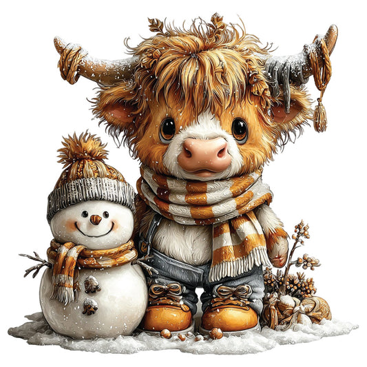 christmas highland cow, winter scene, snowman, brown fur, orange scarf, striped scarf, winter boots, icicles, snowy ground, pine cones, fabric panel, quilting cotton, festive design, holiday theme, cute cartoon style, warm earth tones, cream white, golden brown, winter clothing, seasonal motif