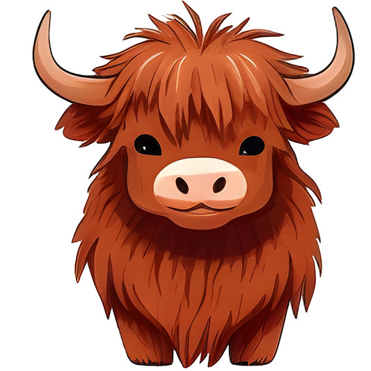 rust brown, terracotta, burnt orange, highland cattle, highland cow, scottish cattle, long-horned cattle, cute animals, farm animals, whimsical, cartoonish, children's, kids, farmhouse, rustic, animal characters, horned animals, livestock, pastoral, nursery, baby, playful, illustration style, folk art, country, adorable creatures, cream colored nose, shaggy hair