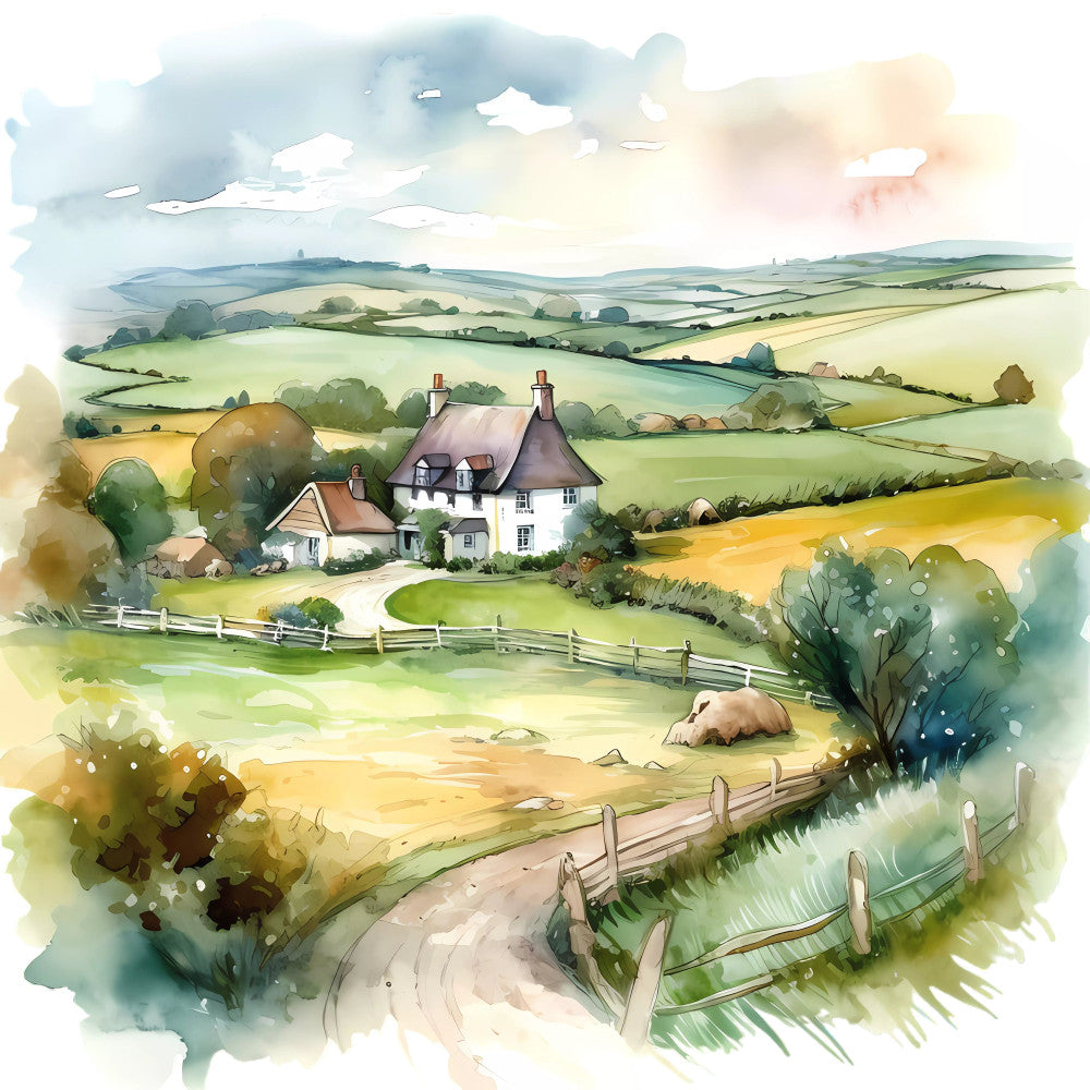 countryside landscape, rolling hills, pastoral scene, farmhouse, rural home, cottage, sage green, cream, soft yellow, pale blue, watercolor, illustrated, storybook, whimsical, traditional, rustic, spring, summer, nature, scenic, peaceful, tranquil, meadow, fields, fencing, trees, clouds, sky, bucolic, english countryside