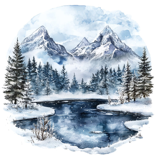 winter landscape, snow-covered mountains, evergreen trees, flowing stream, watercolor style, blue tones, white snow, gray peaks, fabric panel, quilting cotton, scenic nature, alpine setting, forest scene, misty atmosphere, peaceful mood, cold weather, mountain range, pine trees, water reflection, circular vignette
